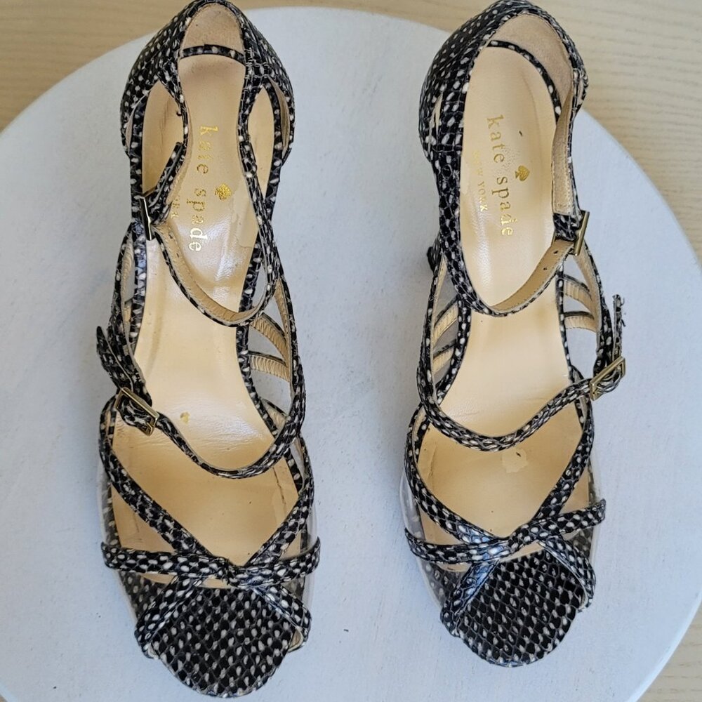 Kate Spade Riley Strappy Heels Platform Shoes Snakeskin And Clear Vinyl Sz 7.5B - Picture 6 of 17